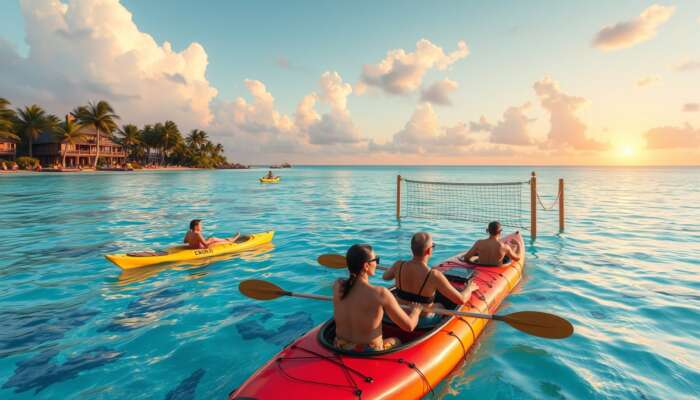 Lively all-inclusive resort scene: guests kayaking in turquoise waters, snorkelling coral reefs, playing beach volleyball under palm trees, and enjoying a sunset cultural show.