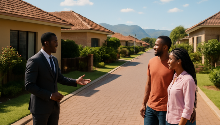 Couple viewing modern homes on bustling Thohoyandou street with a real estate agent under a sunny sky.