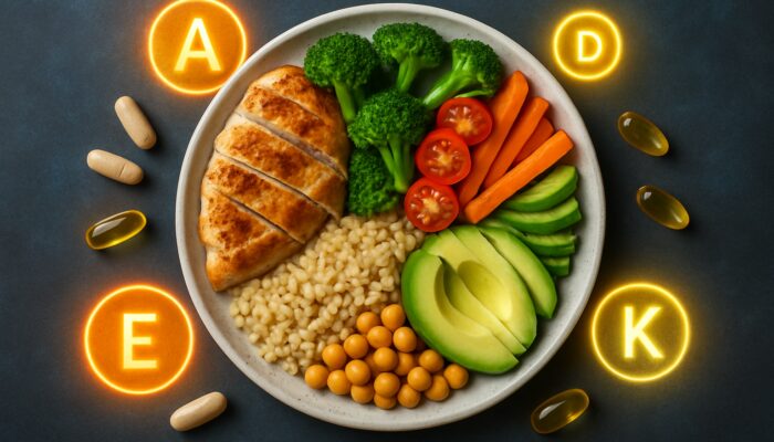 Balanced plate displaying protein, carbohydrate, and fat sections alongside supplement capsules and vitamin icons.