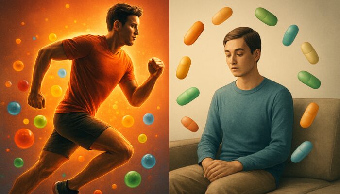 Comparative illustration of an energetic athlete with antioxidant multivitamins alongside a calm, sedentary individual with nutrient capsules.