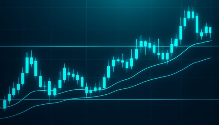 Financial chart with flat moving averages in a sideways market, candlesticks between support and resistance.
