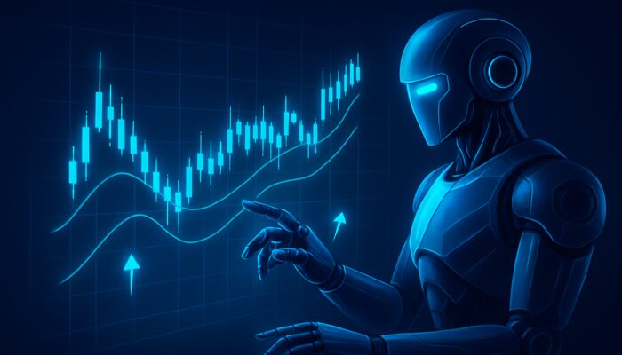 Futuristic holographic trading interface featuring Bollinger Bands, moving average, and a robotic bot executing mean reversion trades.