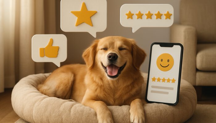 Content dog relaxing on a plush pet bed surrounded by floating reviews, star ratings, and smartphone feedback.