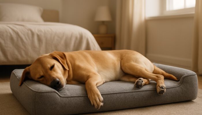 Calm dog resting on a supportive high-density foam pet bed in a welcoming bedroom.