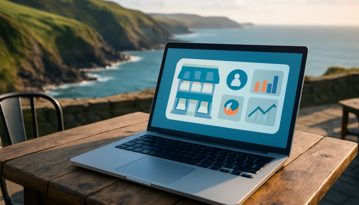Laptop displaying website analytics for a small business on a cafe table in Ilfracombe overlooking the Devon coast