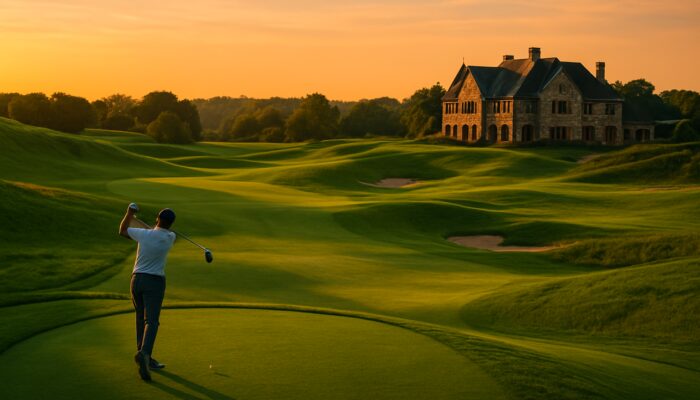 Golfer teeing off at sunset on the lush fairways of King David Mowbray Golf Club
