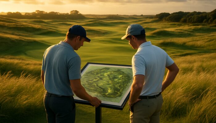 Golfers examining a windswept course map at King David Mowbray Golf Club in golden light