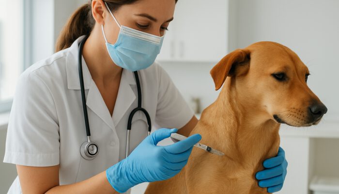 Vet administering sterile injection to calm dog in bright modern clinic