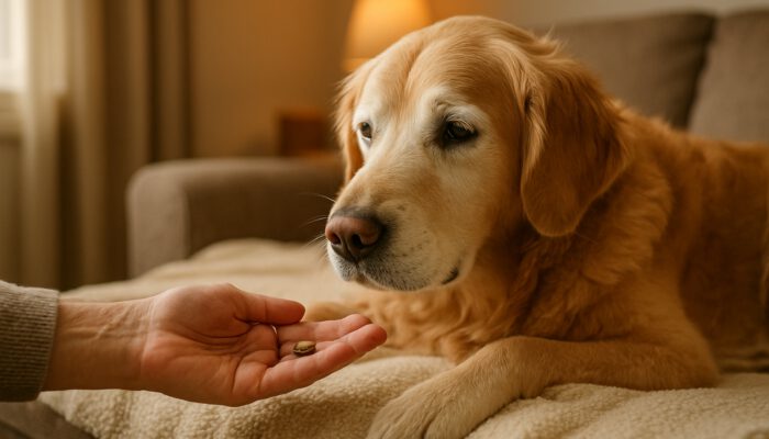 Elderly golden retriever receiving treat from owner on a warm blanket in a cozy home