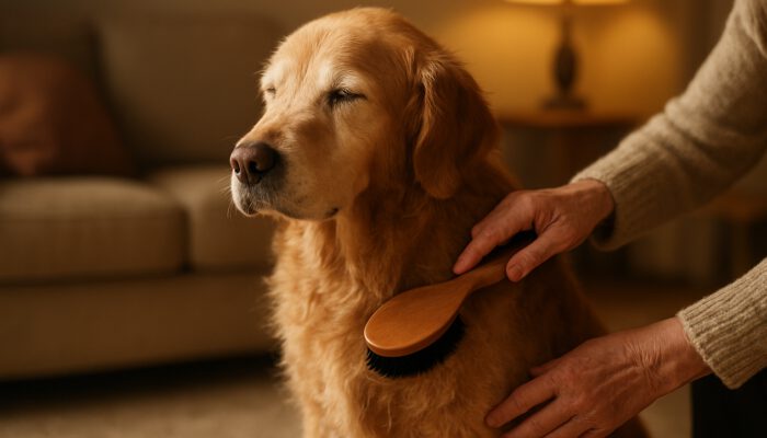 Elderly golden retriever with dry patchy fur being gently brushed by owner in a cozy home