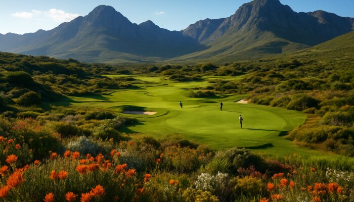 Golfers enjoying a picturesque golf course in the Western Cape with rolling fairways, mountains, and vibrant fynbos.