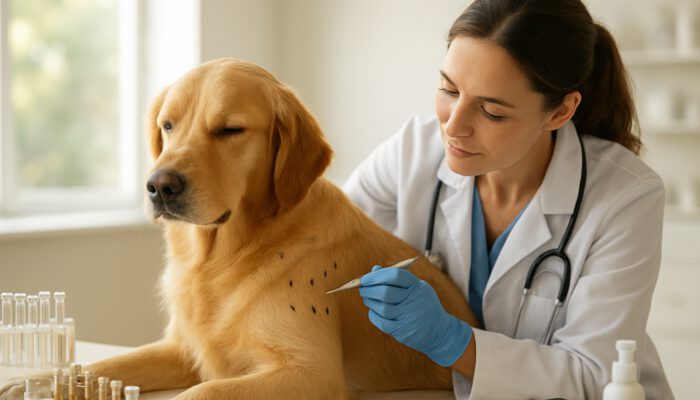 Veterinarian performing skin allergy test on serene golden retriever in sunlit clinic