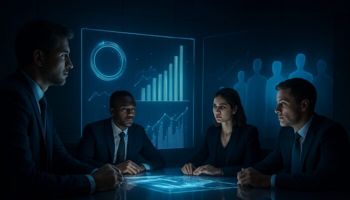 Executives analysing holographic charts comparing website traffic, conversions, and engagement metrics against competitors