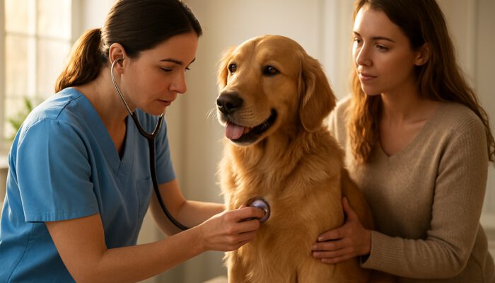 Veterinarian monitoring the heart of a golden retriever in a sunlit clinic with the owner present