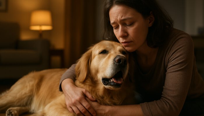 Concerned owner holding a lethargic golden retriever who is coughing and breathing heavily at home