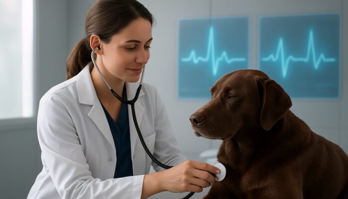 Veterinarian using a digital stethoscope on a calm dog with holographic heart rhythms visible in the clinic