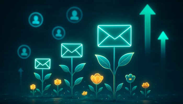 Digital art of glowing email envelopes blooming into flowers with customer icons and growth arrows in a cybernetic workspace.