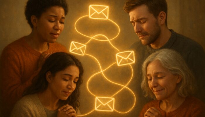 Diverse individuals connected by glowing email threads sharing heartfelt stories that evoke community and brand bonds.