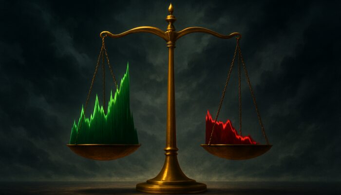 Trading chart with green profit peaks and red drawdown valley balanced on golden scale