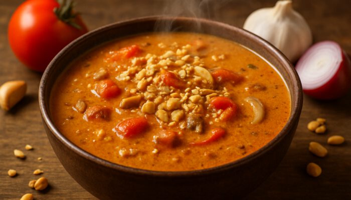Steaming bowl of creamy West African groundnut soup with peanuts and vegetables.