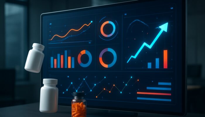 Digital dashboard showcasing supplement ad performance metrics with colourful graphs and vitamin icons