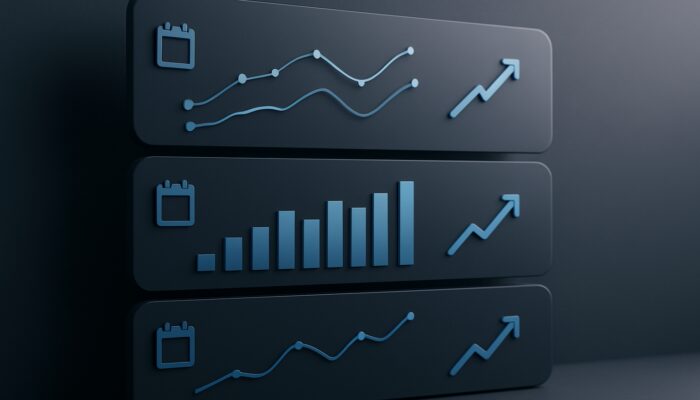 Sleek digital dashboard displaying layered weekly, monthly, and quarterly supplement ad performance graphs with trend arrows.