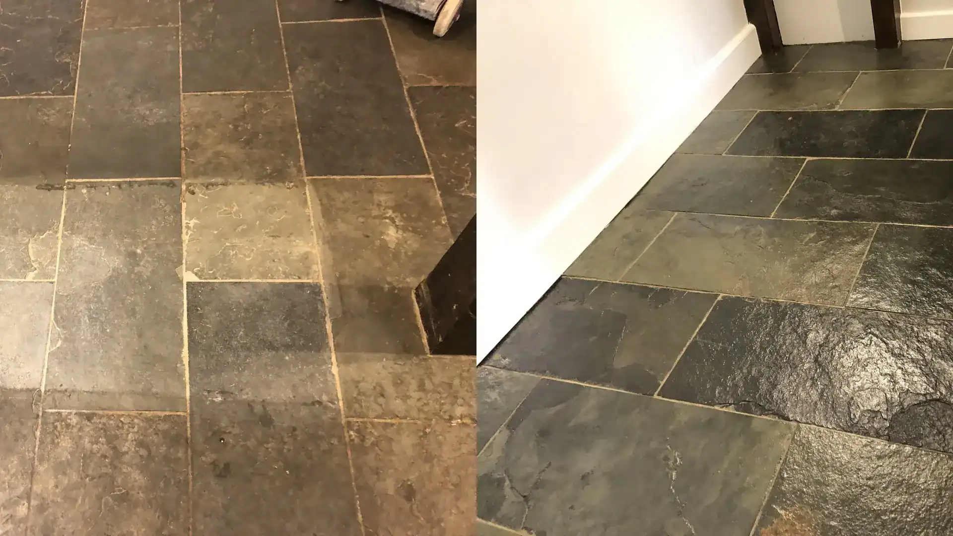 Before and after restoration of dull slate kitchen floor