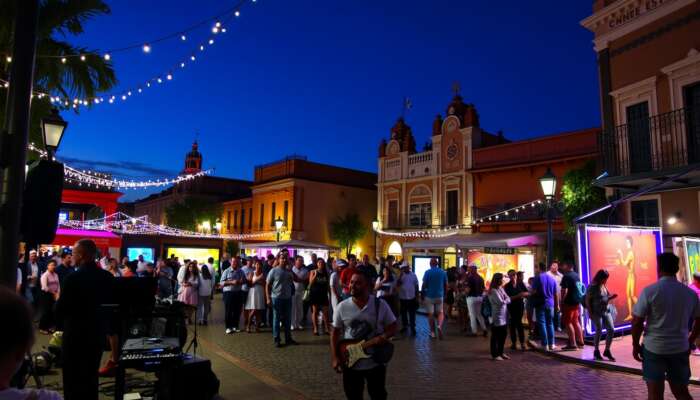 Vibrant Cervantino Festival scene in San Miguel de Allende: jazz musicians under lights, theatrical performances in plazas, art displayed in colonial buildings, and a lively crowd.