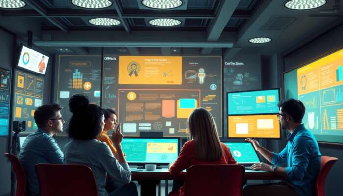 In a vibrant digital workspace, diverse individuals engage with intuitive tools on glowing screens, receiving animated feedback for enhanced interaction and learning.
