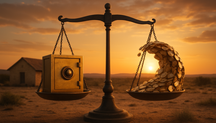 Rustic Beaufort West home representing fixed rates, with a wave of coins symbolising variable rates, under a balancing scale at sunset.