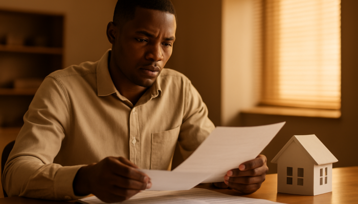 Focused South African applicant analysing payslips and contracts for a home loan at a bank.