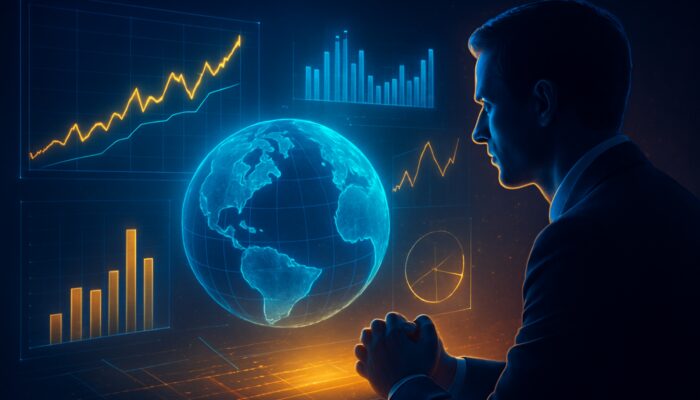 Futuristic trader analysing holographic ROI charts and win-loss ratios over spinning globe in neon blues and golds.