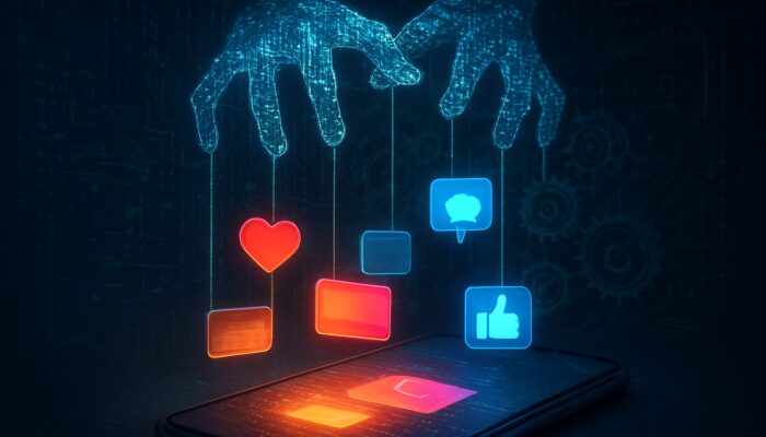 Illuminated algorithms as puppet masters organising likes and posts behind smartphone screen for Instagram and Facebook