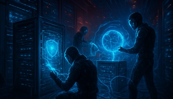Neon technicians rewiring holographic servers in cyberpunk trading hub during maintenance.