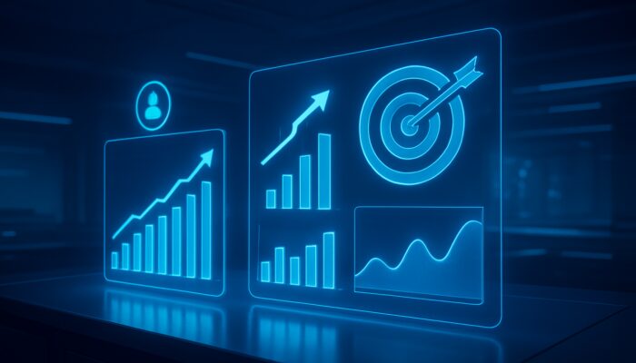 Futuristic neon blue performance tracking dashboard with holographic charts and upward-trending graphs.