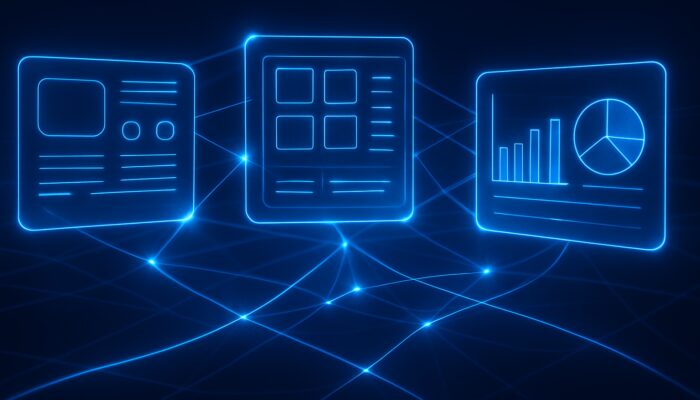Interconnected holographic CRM, ERP, and project dashboards linked by glowing data streams.