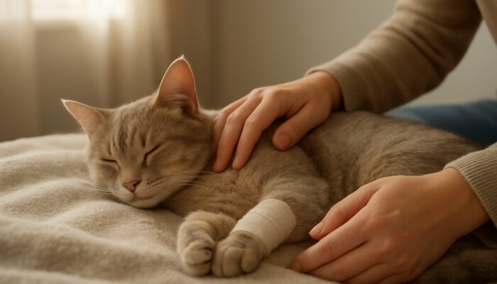 Cat resting on blanket in sunlit home during declawing recovery with owner support nearby