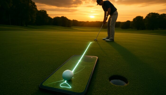Golfer using smartphone putting app with glowing precision overlays on sunset-lit green