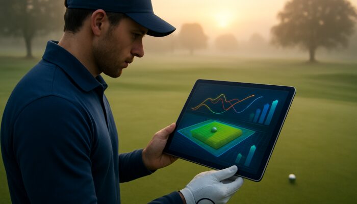 Golfer reviewing 3D putting analytics, trajectory graphs, and trends on tablet at misty dawn fairway