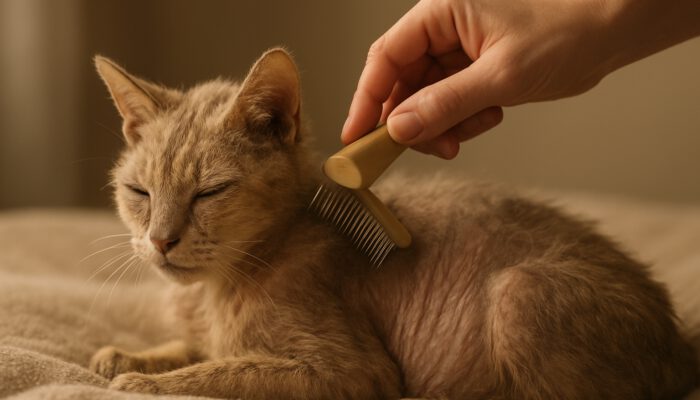 Groomer gently brushing a frail elderly cat's thinning fur on a soft blanket in warm light.