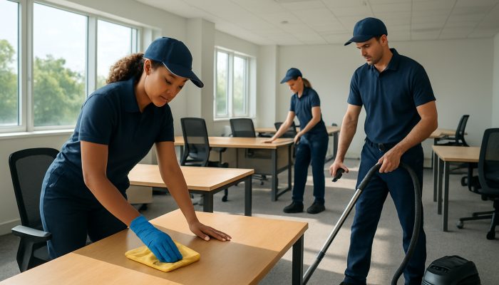 Local cleaners polishing desks and vacuuming carpets in bright Montacute office