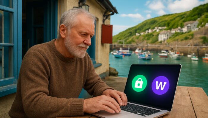 Ilfracombe harbour shop owner using laptop with Shopify and WooCommerce dashboards by UK coast