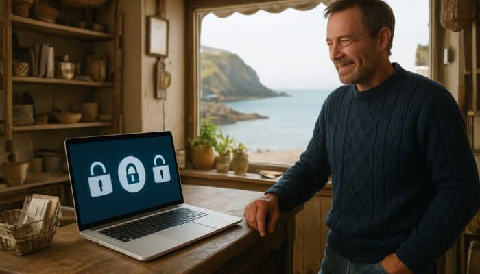 Charming Ilfracombe shop with laptop showing secure PayPal, Stripe and SagePay checkouts by the coast.