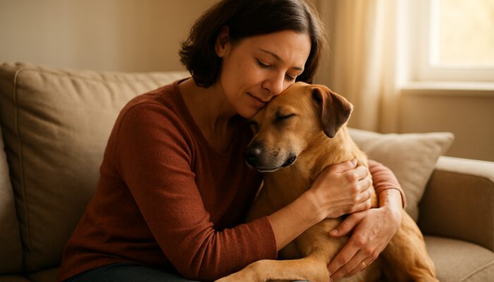 Person cuddling affectionate rescue dog on a sunlit living room couch for comfort
