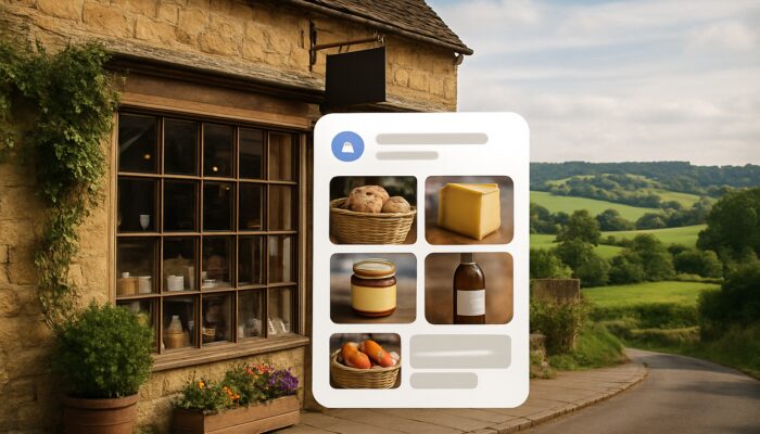Charming Cotswolds shopfront in Moreton-in-Marsh showcasing Google My Business overlay and scenic hills