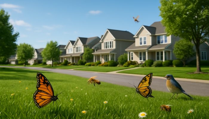 A scenic Ilchester neighbourhood showcasing flourishing lawns, butterflies, bees, and songbirds under clear skies.