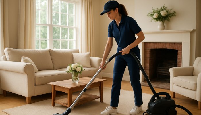 Professional cleaner vacuuming sunlit living room in cozy Martock cottage with fresh flowers.