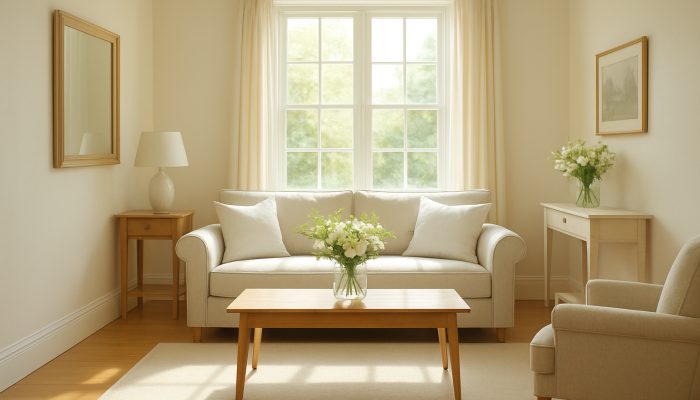 Sunlit immaculate Martock cottage interior with gleaming floors, fresh flowers, and crisp linens after professional cleaning.
