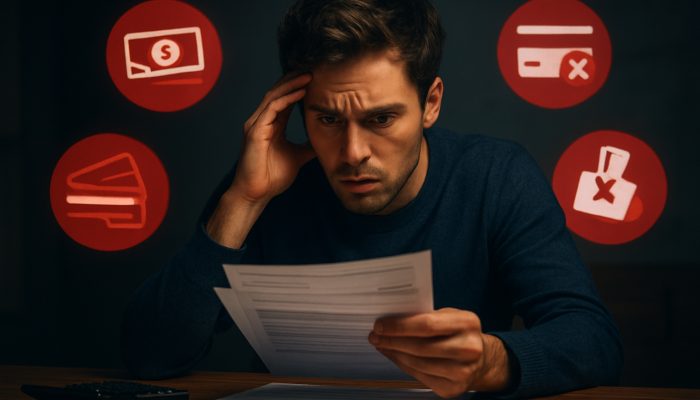 Preparing Statements if Your Spending Looks Risky | DCL Concerned individual reviewing bank statements with red icons indicating overdrafts and maxed credit cards.