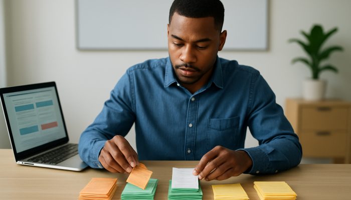 Preparing Statements if Your Spending Looks Risky | DCL Individual sorting colourful receipts into categories like groceries, travel, and entertainment next to a laptop displaying Barclays and HSBC alerts.